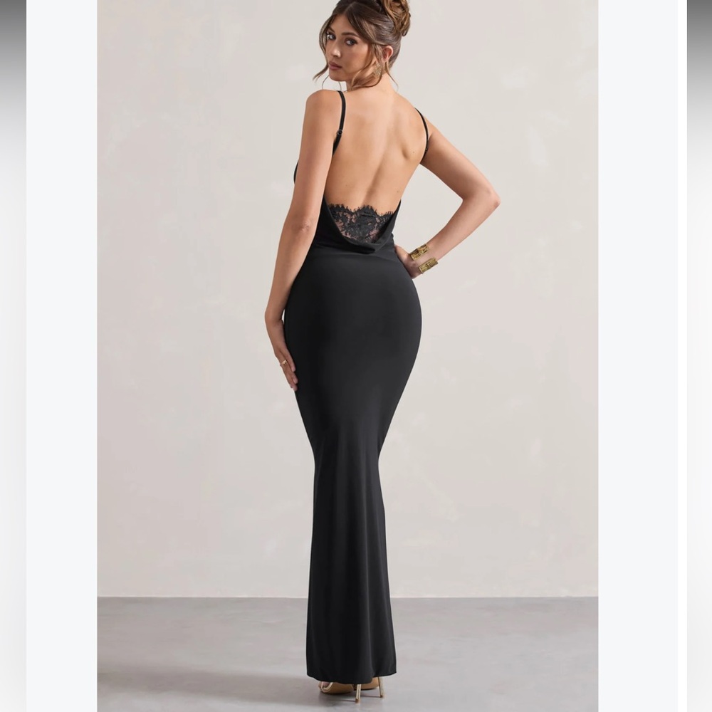 NWT! Club L London Francoise black Cowl Neck Backless Maxi Dress w/ Lace Insert